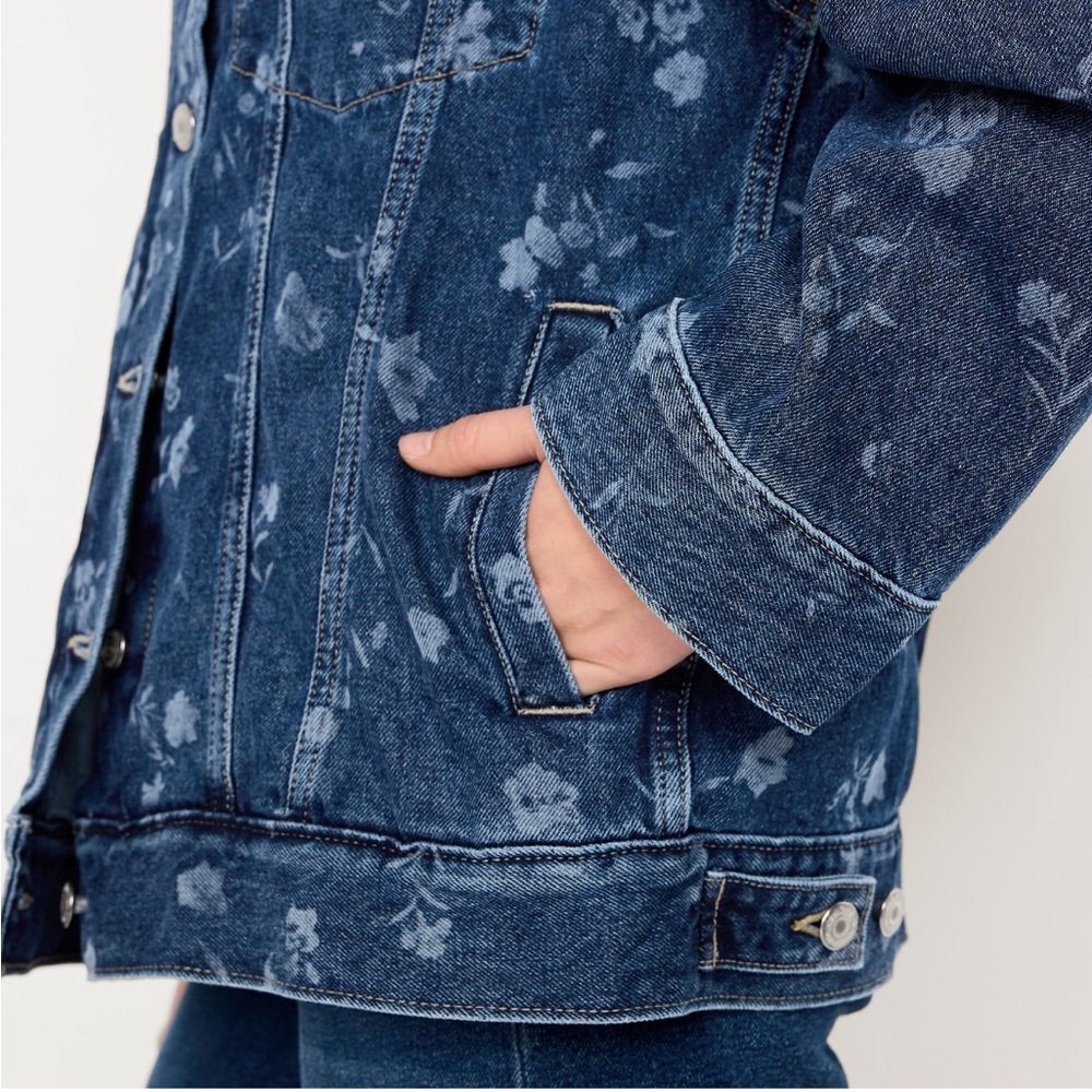 Dark Blue Floral Denim Jacket XL - Picture 5 of 8